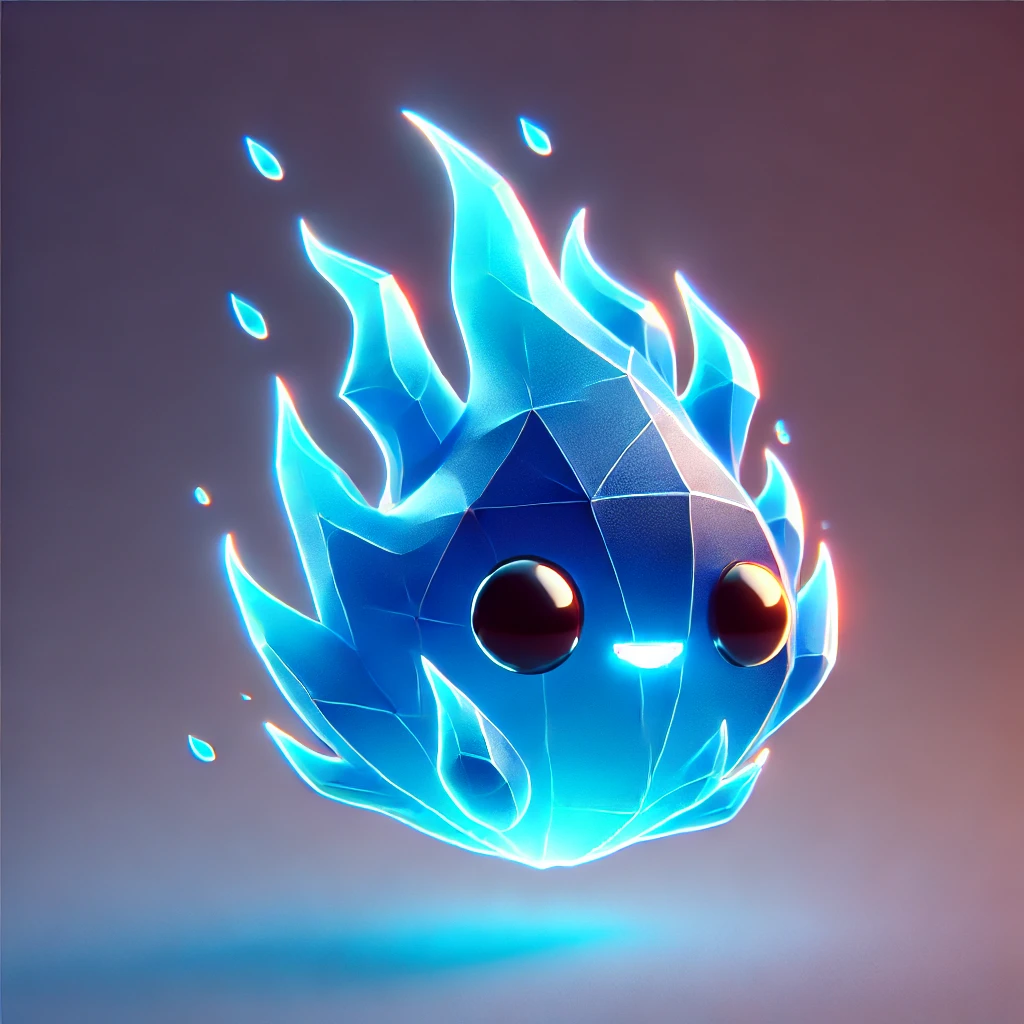 cute, smiling character in the shape of a blue flame.